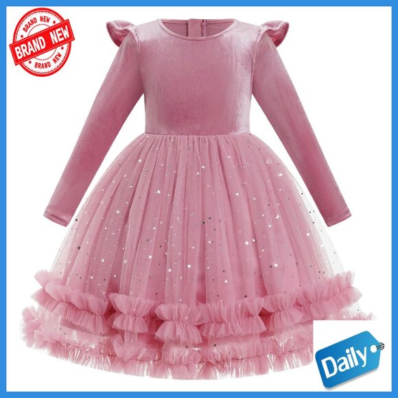 Toddler Girls Velvet Tulle Tutu Dress Long Sleeve Sparkly Sequins Pageant Gown Toddler Girls Velvet Tulle Tutu Dress Long Sleeve Sparkly Sequins Pageant Gown